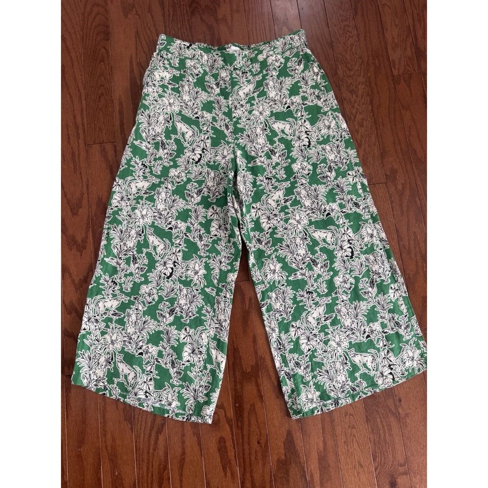 C & C California Linen Pants Green Safari Animal Print Cropped Wide Leg Sz XL